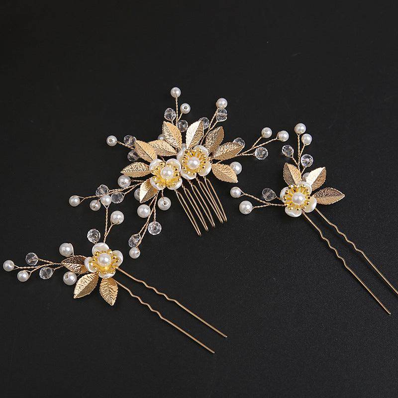 Gold Leaf Hair Comb Handmade Bride Crown Headpiece Flower comb set 690525637756 - COCOMELODY